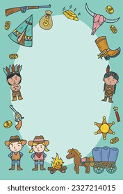 Birthday round frame with hand drawn cartoon cowboys and elements. Vector