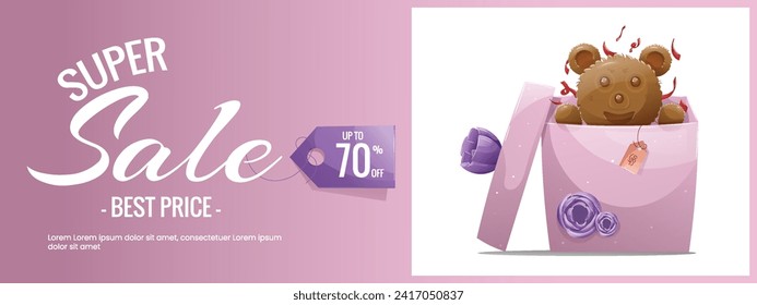 Birthday sale banner with teddy bear gift box. Vector illustration .