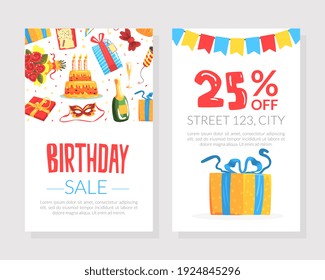 Birthday Sale Card Templates Set, Invitation Card, Poster, Flyer, Promo with Holiday Symbols Cartoon Vector Illustration