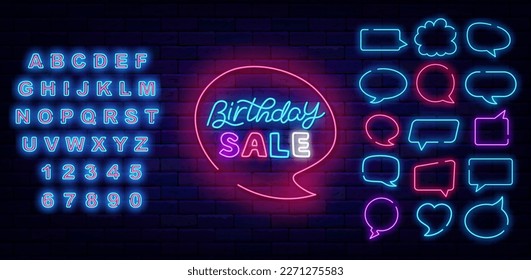 Birthday sale neon sign on brick wall. Speech bubbles frames set. Light event advertising. Luminous blue alphabet. Shiny greeting card. Glowing banner. Vector stock illustration