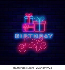 Birthday Sale neon signboard. Special offer badge. Presents stack. Light advertising. Luminous label on brick wall. Shiny greeting card. Vector stock illustration