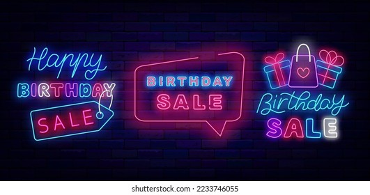 Birthday sale neon signs collection. Anniversary special offer. Present and bag. Holiday marketing. Invitation design set on brick wall. Luminous labels pack. Vector stock illustration