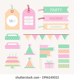 Birthday Scrapbook Design Set. Welcome, Greeting Or Congratulation Decoration Party Element Collection. Scrapbook Present Kid Clipart. Anniversary Packaging. Birthday Event Border, Frame, Banner. 