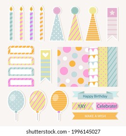Birthday scrapbook design set. Welcome, greeting or congratulation decoration party element collection. Scrapbook present kid clipart. Anniversary packaging. Birthday event border, frame, banner. 