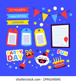 Birthday scrapbook design set. Welcome, greeting or congratulation decoration party element collection. Scrapbook present kid clipart. Anniversary packaging. Birthday event border, frame, banner. 