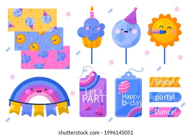 Birthday scrapbook design set. Welcome, greeting or congratulation decoration party element collection. Scrapbook present kid clipart. Anniversary packaging. Birthday event border, frame, banner. 