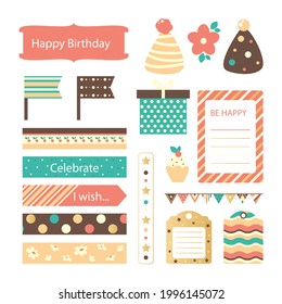 Birthday scrapbook design set. Welcome, greeting or congratulation decoration party element collection. Scrapbook present kid clipart. Anniversary packaging. Birthday event border, frame, banner. 