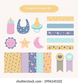 Birthday scrapbook design set. Welcome, greeting or congratulation decoration party element collection. Scrapbook present kid clipart. Anniversary packaging. Birthday event border, frame, banner. 