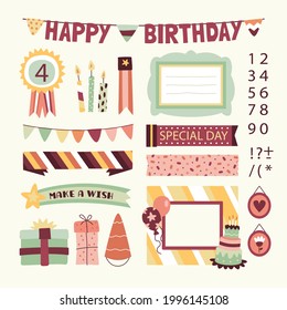 Birthday scrapbook design set. Welcome, greeting or congratulation decoration party element collection. Scrapbook present kid clipart. Anniversary packaging. Birthday event border, frame, banner. 