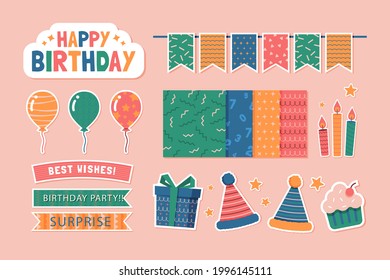 Birthday Scrapbook Design Set. Welcome, Greeting Or Congratulation Decoration Party Element Collection. Scrapbook Present Kid Clipart. Anniversary Packaging. Birthday Event Border, Frame, Banner. 