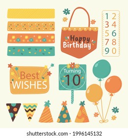 Birthday scrapbook design set. Welcome, greeting or congratulation decoration party element collection. Scrapbook present kid clipart. Anniversary packaging. Birthday event border, frame, banner. 