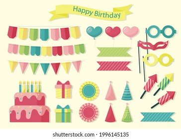 Birthday scrapbook design set. Welcome, greeting or congratulation decoration party element collection. Scrapbook present kid clipart. Anniversary packaging. Birthday event border, frame, banner. 