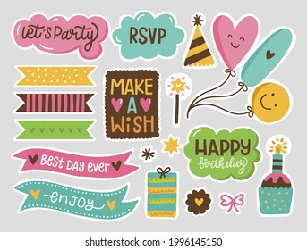 Birthday Scrapbook Design Set. Welcome, Greeting Or Congratulation Decoration Party Element Collection. Scrapbook Present Kid Clipart. Anniversary Packaging. Birthday Event Border, Frame, Banner. 