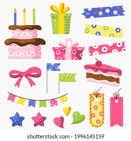 Birthday scrapbook design set. Welcome, greeting or congratulation decoration party element collection. Scrapbook present kid clipart. Anniversary packaging. Birthday event border, frame, banner. 