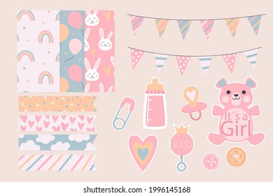 Birthday scrapbook design set. Welcome, greeting or congratulation decoration party element collection. Scrapbook present kid clipart. Anniversary packaging. Birthday event border, frame, banner. 