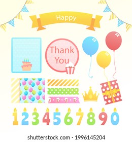 Birthday scrapbook design set. Welcome, greeting or congratulation decoration party element collection. Scrapbook present kid clipart. Anniversary packaging. Birthday event border, frame, banner. 