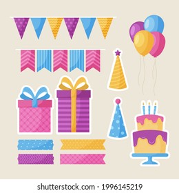 Birthday scrapbook design set. Welcome, greeting or congratulation decoration party element collection. Scrapbook present kid clipart. Anniversary packaging. Birthday event border, frame, banner. 