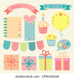 Birthday Scrapbook Design Set. Welcome, Greeting Or Congratulation Decoration Party Element Collection. Scrapbook Present Kid Clipart. Anniversary Packaging. Birthday Event Border, Frame, Banner. 