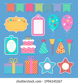 Birthday scrapbook design set. Welcome, greeting or congratulation decoration party element collection. Scrapbook present kid clipart. Anniversary packaging. Birthday event border, frame, banner. 