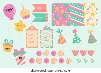 Birthday scrapbook design set. Welcome, greeting or congratulation decoration party element collection. Scrapbook present kid clipart. Anniversary packaging. Birthday event border, frame, banner. 