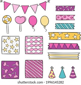 Birthday scrapbook design set. Welcome, greeting or congratulation decoration party element collection. Scrapbook present kid clipart. Anniversary packaging. Birthday event border, frame, banner. 