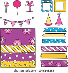 Birthday scrapbook design set. Welcome, greeting or congratulation decoration party element collection. Scrapbook present kid clipart. Anniversary packaging. Birthday event border, frame, banner. 