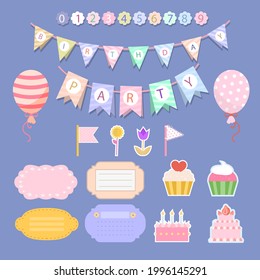 Birthday scrapbook design set. Welcome, greeting or congratulation decoration party element collection. Scrapbook present kid clipart. Anniversary packaging. Birthday event border, frame, banner. 