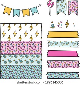 Birthday scrapbook design set. Welcome, greeting or congratulation decoration party element collection. Scrapbook present kid clipart. Anniversary packaging. Birthday event border, frame, banner. 