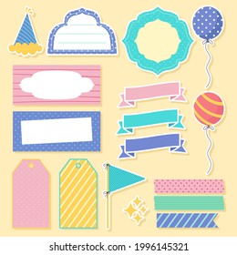 Birthday scrapbook design set. Welcome, greeting or congratulation decoration party element collection. Scrapbook present kid clipart. Anniversary packaging. Birthday event border, frame, banner. 