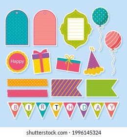 Birthday scrapbook design set. Welcome, greeting or congratulation decoration party element collection. Scrapbook present kid clipart. Anniversary packaging. Birthday event border, frame, banner. 