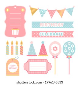 Birthday scrapbook design set. Welcome, greeting or congratulation decoration party element collection. Scrapbook present kid clipart. Anniversary packaging. Birthday event border, frame, banner. 