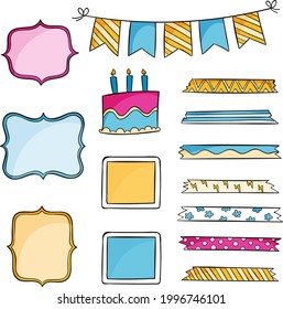 Birthday scrapbook design set. Welcome, greeting or congratulation decoration party element collection. Scrapbook present kid clipart. Anniversary packaging. Birthday event border, frame, banner. 