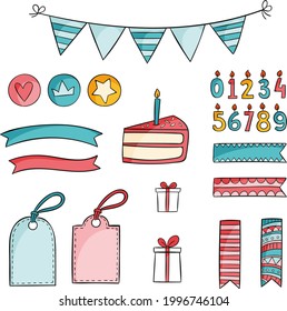 Birthday Scrapbook Design Set. Welcome, Greeting Or Congratulation Decoration Party Element Collection. Scrapbook Present Kid Clipart. Anniversary Packaging. Birthday Event Border, Frame, Banner. 