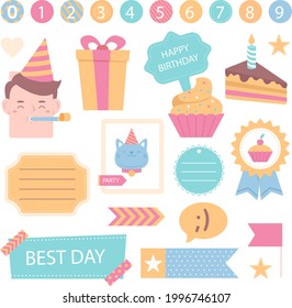 Birthday scrapbook design set. Welcome, greeting or congratulation decoration party element collection. Scrapbook present kid clipart. Anniversary packaging. Birthday event border, frame, banner. 