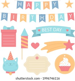 Birthday scrapbook design set. Welcome, greeting or congratulation decoration party element collection. Scrapbook present kid clipart. Anniversary packaging. Birthday event border, frame, banner. 