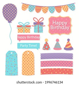 Birthday Scrapbook Design Set. Welcome, Greeting Or Congratulation Decoration Party Element Collection. Scrapbook Present Kid Clipart. Anniversary Packaging. Birthday Event Border, Frame, Banner. 