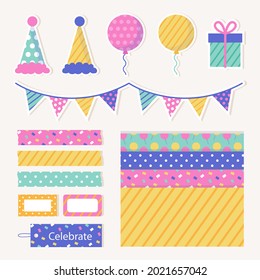 Birthday scrapbook elements. Celebrate decoration clipart. Birth day party stylish. Anniversary event graphic design collection. Greeting confetti. Creative scrapbook present set. Vector illustration.