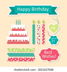 Birthday scrapbook elements. Celebrate decoration clipart. Birth day party stylish. Anniversary event graphic design collection. Greeting confetti. Creative scrapbook present set. Vector illustration.