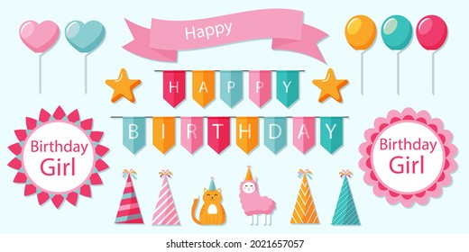 Birthday scrapbook elements. Celebrate decoration clipart. Birth day party stylish. Anniversary event graphic design collection. Greeting confetti. Creative scrapbook present set. Vector illustration.