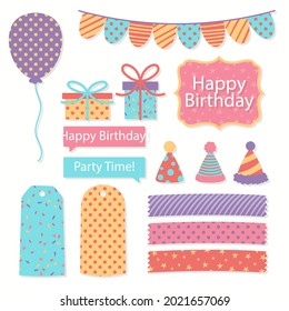 Birthday scrapbook elements. Celebrate decoration clipart. Birth day party stylish. Anniversary event graphic design collection. Greeting confetti. Creative scrapbook present set. Vector illustration.