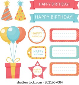 Birthday scrapbook elements. Celebrate decoration clipart. Birth day party stylish. Anniversary event graphic design collection. Greeting confetti. Creative scrapbook present set. Vector illustration.