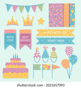 Birthday scrapbook elements. Celebrate decoration clipart. Birth day party stylish. Anniversary event graphic design collection. Greeting confetti. Creative scrapbook present set. Vector illustration.