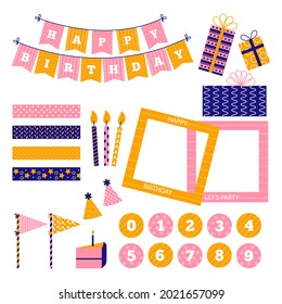 Birthday scrapbook elements. Celebrate decoration clipart. Birth day party stylish. Anniversary event graphic design collection. Greeting confetti. Creative scrapbook present set. Vector illustration.