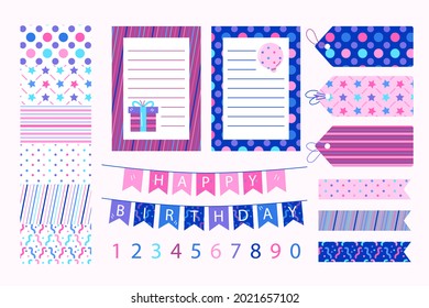 Birthday scrapbook elements. Celebrate decoration clipart. Birth day party stylish. Anniversary event graphic design collection. Greeting confetti. Creative scrapbook present set. Vector illustration.