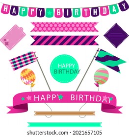 Birthday scrapbook elements. Celebrate decoration clipart. Birth day party stylish. Anniversary event graphic design collection. Greeting confetti. Creative scrapbook present set. Vector illustration.