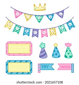 Birthday scrapbook elements. Celebrate decoration clipart. Birth day party stylish. Anniversary event graphic design collection. Greeting confetti. Creative scrapbook present set. Vector illustration.