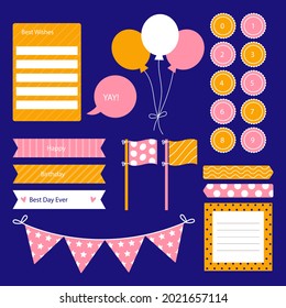 Birthday scrapbook elements. Celebrate decoration clipart. Birth day party stylish. Anniversary event graphic design collection. Greeting confetti. Creative scrapbook present set. Vector illustration.