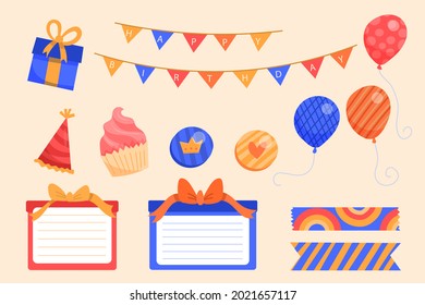 Birthday scrapbook elements. Celebrate decoration clipart. Birth day party stylish. Anniversary event graphic design collection. Greeting confetti. Creative scrapbook present set. Vector illustration.