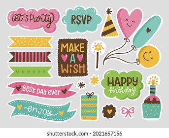 Birthday scrapbook elements. Celebrate decoration clipart. Birth day party stylish. Anniversary event graphic design collection. Greeting confetti. Creative scrapbook present set. Vector illustration.