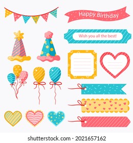 Birthday scrapbook elements. Celebrate decoration clipart. Birth day party stylish. Anniversary event graphic design collection. Greeting confetti. Creative scrapbook present set. Vector illustration.